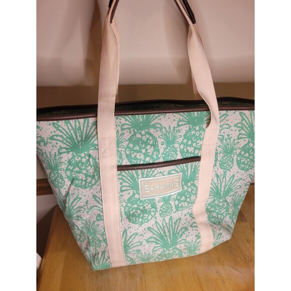 Bahamas Big ZIPPER, Embroidered CANVAS TOTE BEACH BAG. Teal And White - Picture 7 of 7